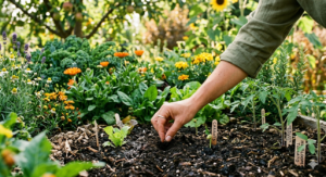 Un jardin en permaculture avec des plantes variées (légumes, fleurs, herbes) poussant harmonieusement, illustrant la croissance des compétences 'cachées' des parents d’enfants DYS, comme la résilience, la créativité et l’empathie.