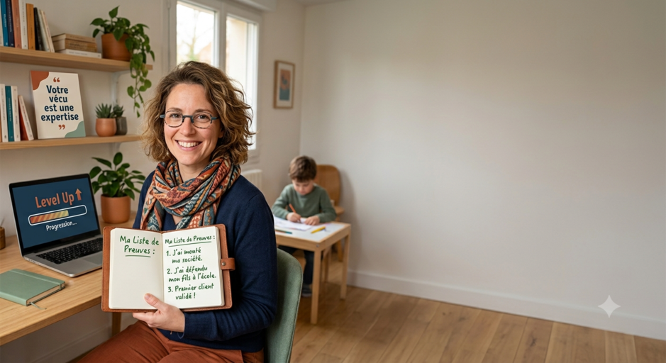 Une femme entrepreneure souriante tient son carnet de preuves pendant que son fils fait ses devoirs en arrière plan.
Photo générée avec l'IA