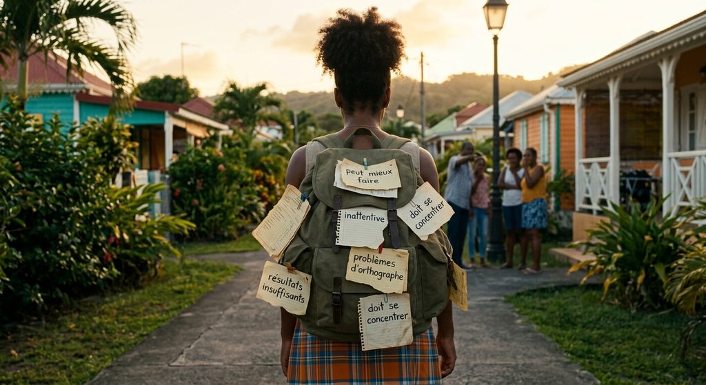 Vue de dos d'une femme portant un sac à dos couvert d'anciens bulletins scolaires et de remarques d'enseignants ("peut mieux faire", "inattentive"), marchant dans une rue bordée de maisons.
Image générée par l'IA